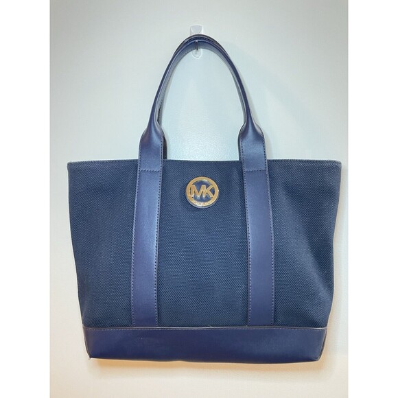 Michael Kors Handbags - Michael Kors Navy Fulton Textured Canvas and Leather Trim Medium Tote
